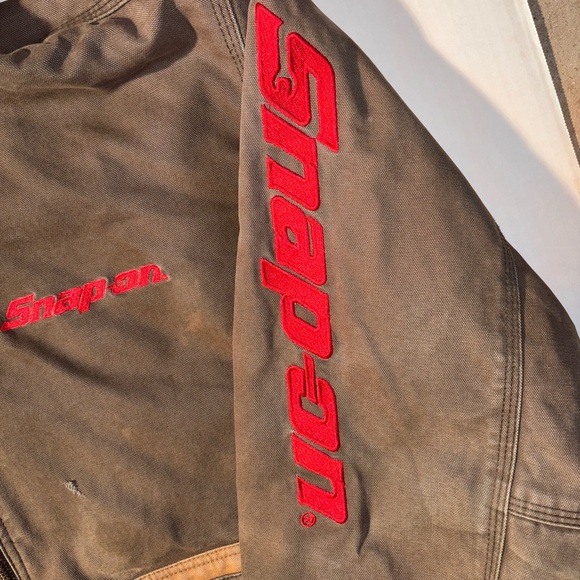 Vtg Snap On Tools Two Tone Brown Carhartt Style Workwear Hooded Jacket Men’s XL - Picture 2 of 10